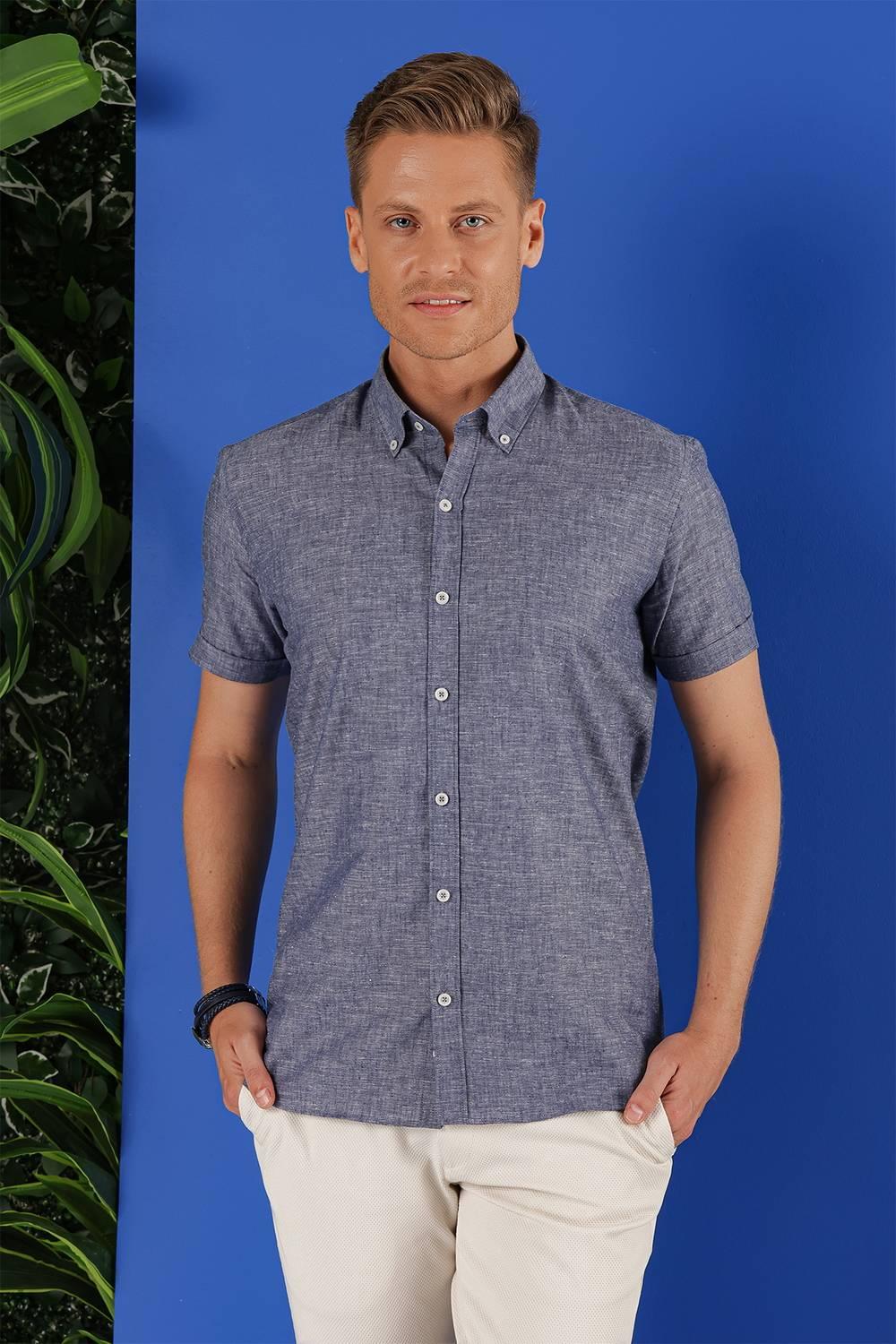 G 1556 Slim Fit İndigo Klasik Gömlek