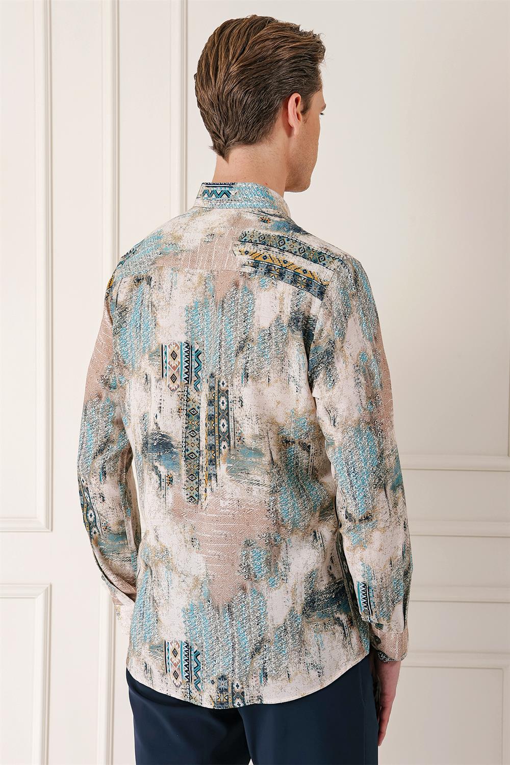 G 1566 Comfort Fit Düğmeli Yaka Batik Desenli Pamuk Mint Gömlek