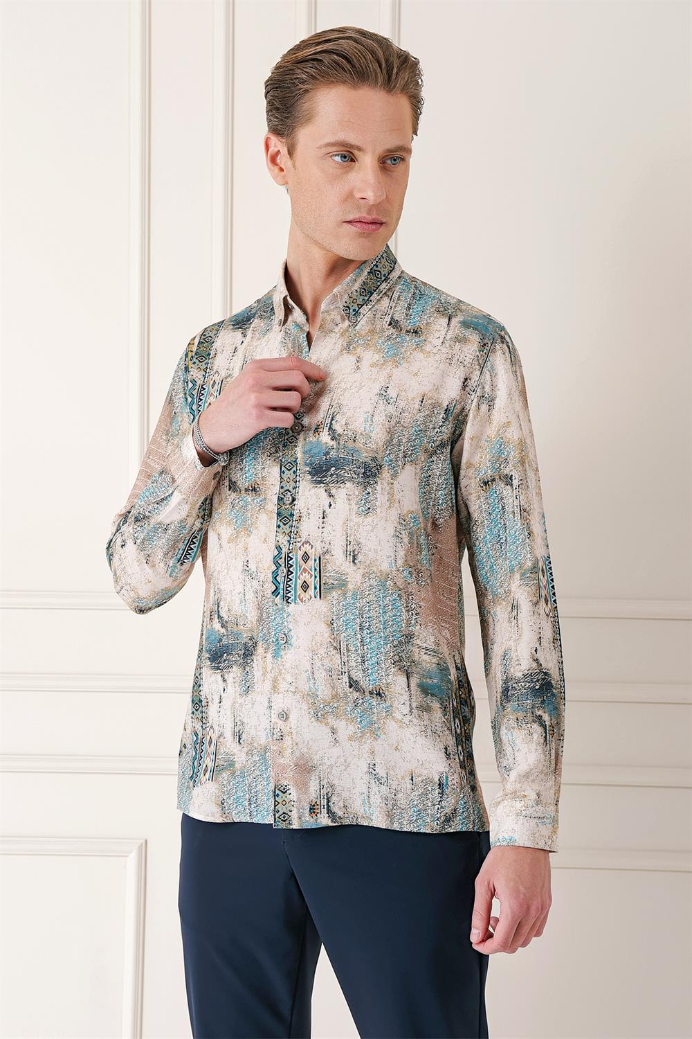 G 1566 Comfort Fit Düğmeli Yaka Batik Desenli Pamuk Mint Gömlek