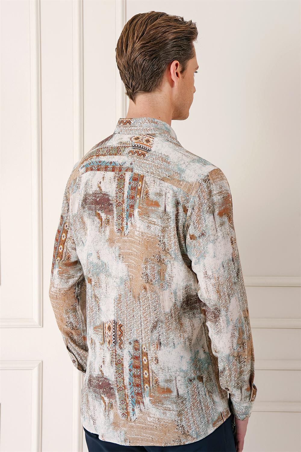 G 1566 Comfort Fit Düğmeli Yaka Batik Desenli Pamuk Vizon Gömlek