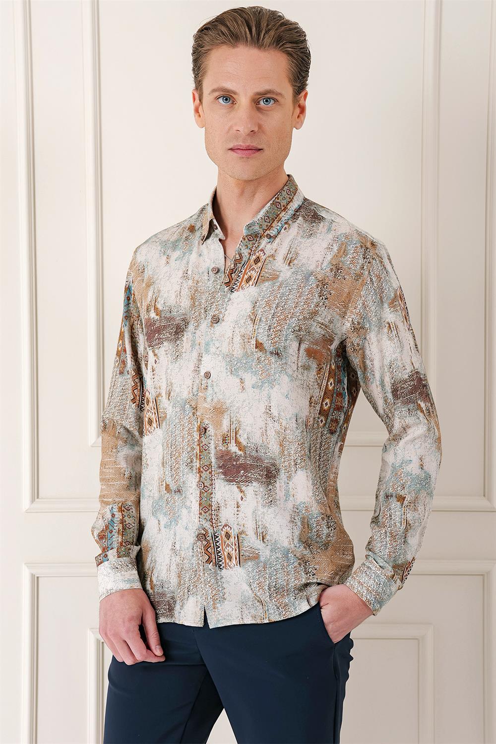G 1566 Comfort Fit Düğmeli Yaka Batik Desenli Pamuk Vizon Gömlek