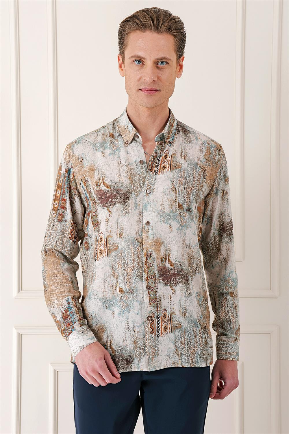G 1566 Comfort Fit Düğmeli Yaka Batik Desenli Pamuk Vizon Gömlek