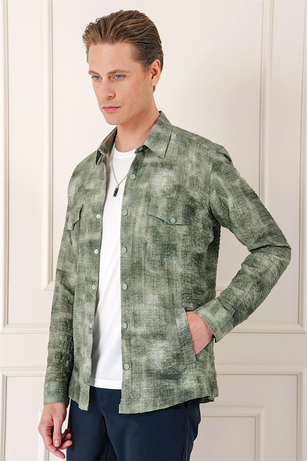 G 1568 Comfort Fit Yan Cep Batik Desenli %100 Pamuk Çıtçıtlı Haki Gömlek Ceket