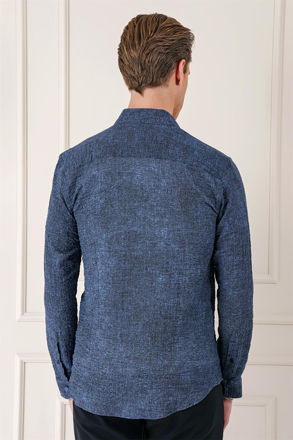 G 1569 Kapaklı Cep Batik Desenli %100 Pamuk Çıtçıtlı Lacivert Gömlek