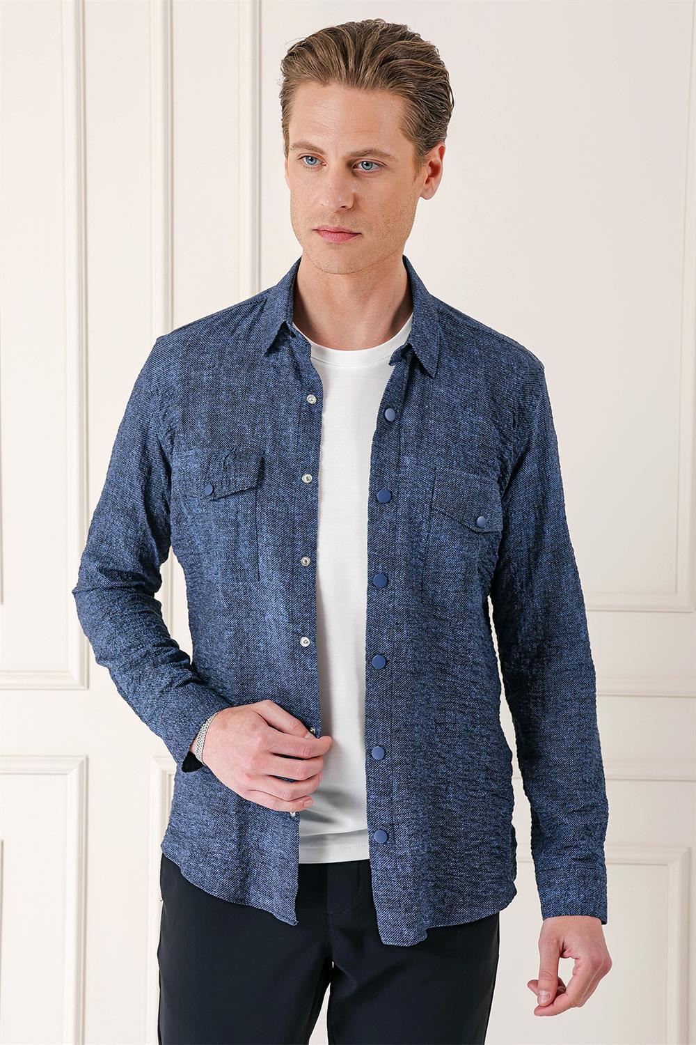 G 1569 Kapaklı Cep Batik Desenli %100 Pamuk Çıtçıtlı Lacivert Gömlek