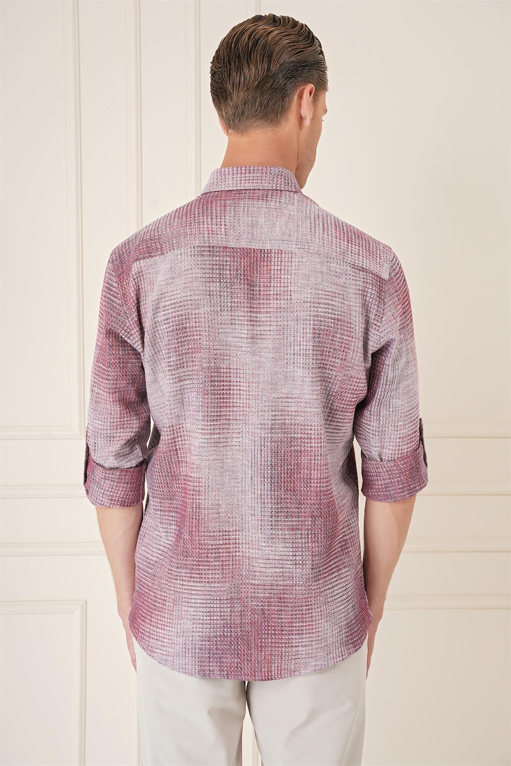 G 1571 Comfort Fit Batik Desen %100 Keten Bordo Gömlek