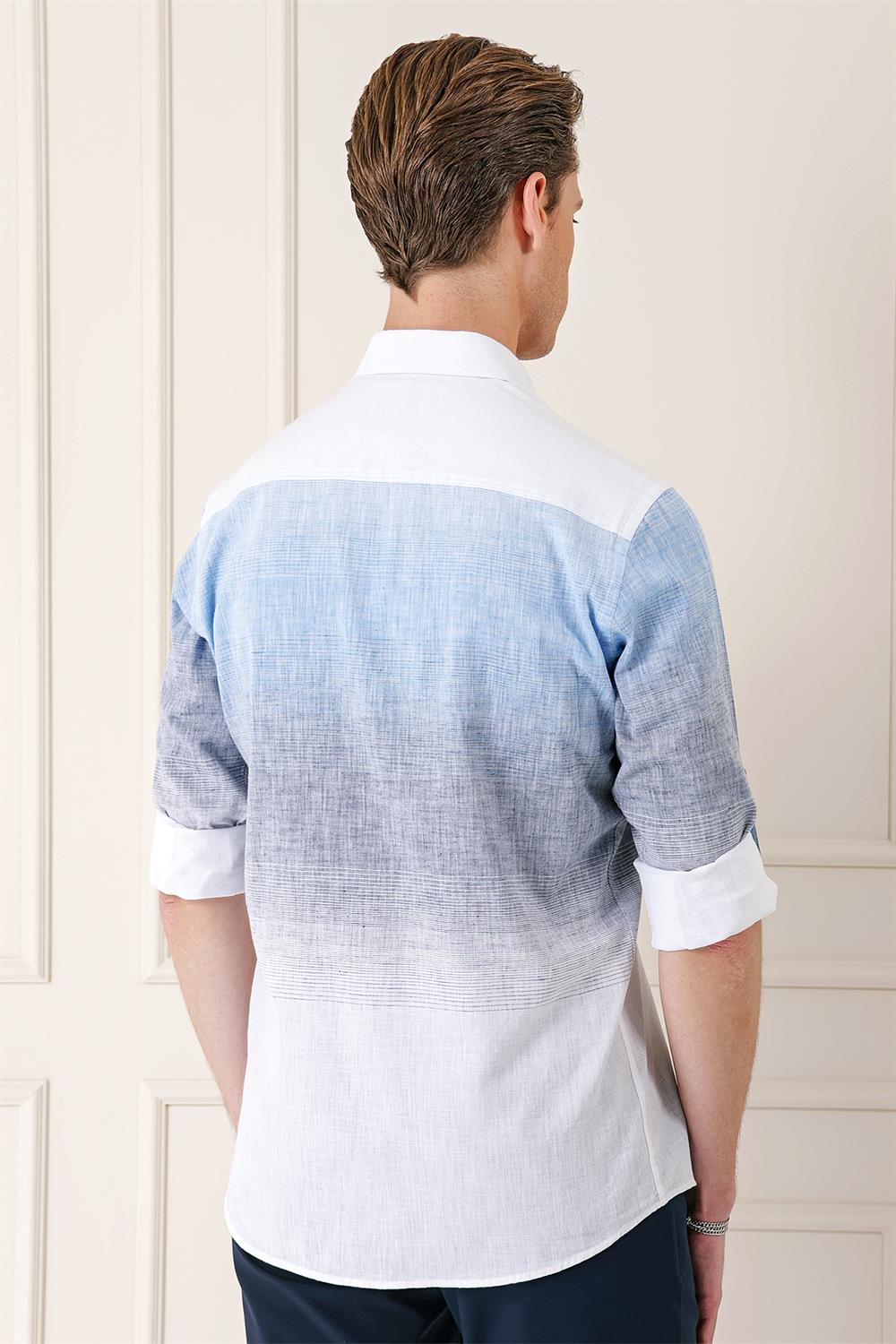 G 1572 Comfort Fit Degrade Desen Apoletli %100 Keten Mavi Gömlek