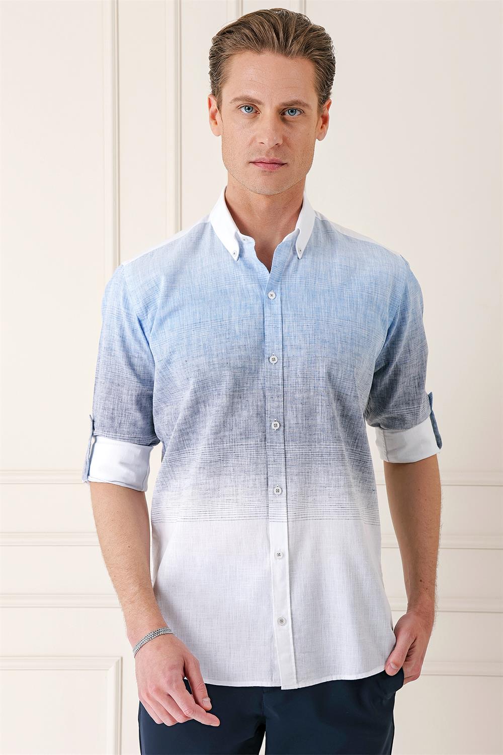 G 1572 Comfort Fit Degrade Desen Apoletli %100 Keten Mavi Gömlek