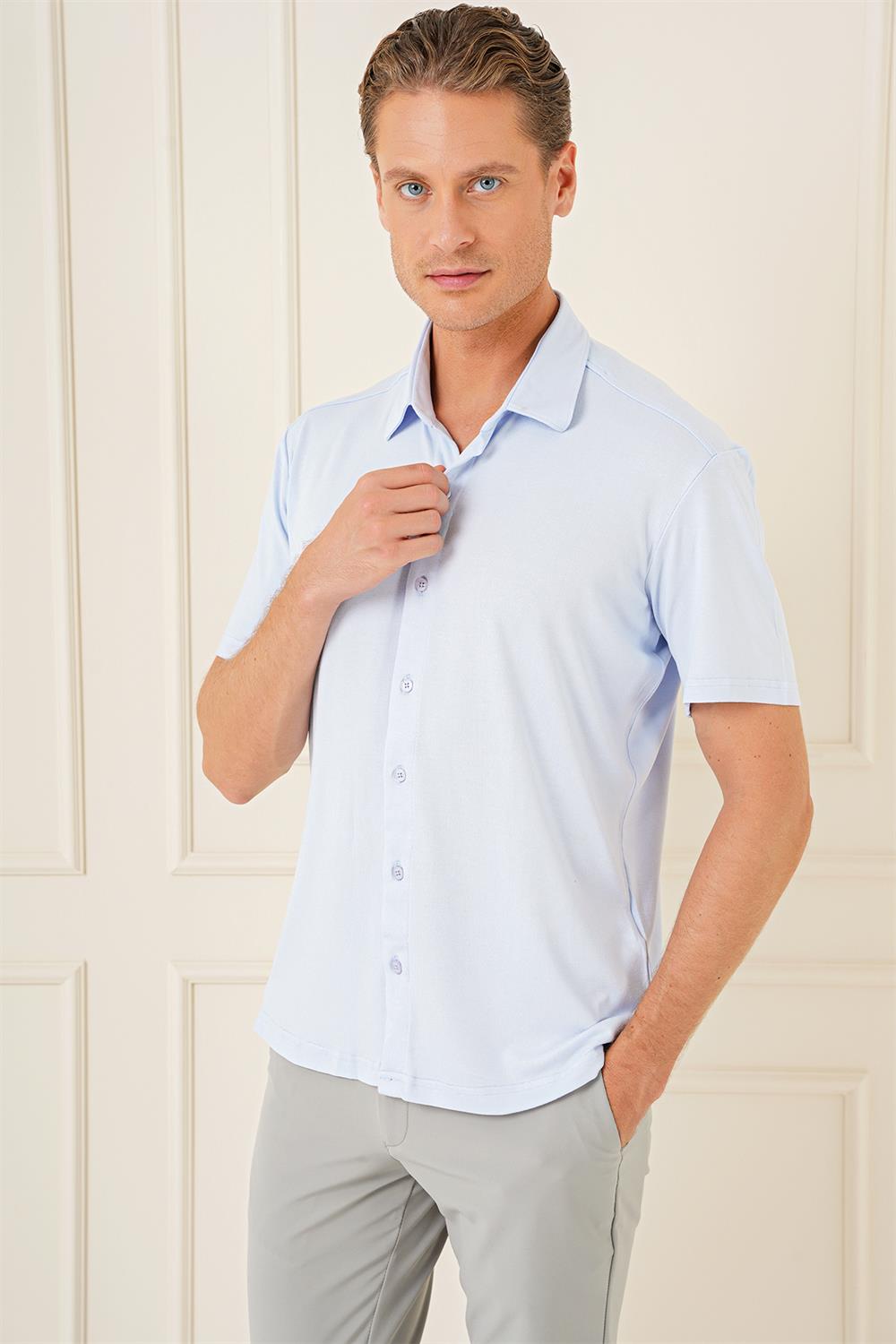 G 1573 Comfort Fit Spor Yaka Kısa Kol Esnek Pamuk Mavi Gömlek