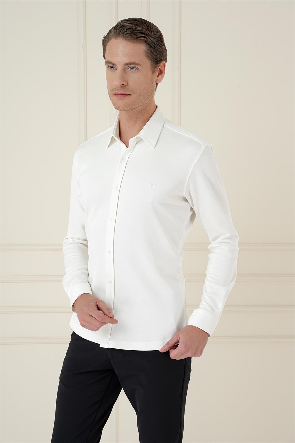 G 1580 Slim Fit Ekru Klasik Gömlek
