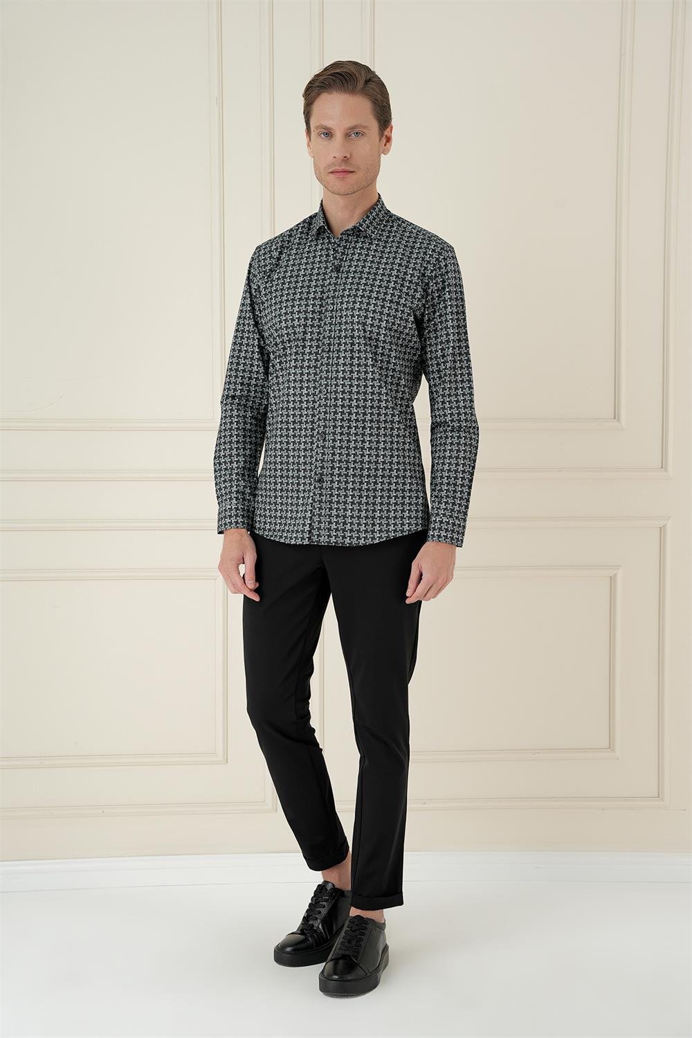 G 1585 Slim Fit Kazayağı Desenli %100 Pamuk Casuel Gri Gömlek