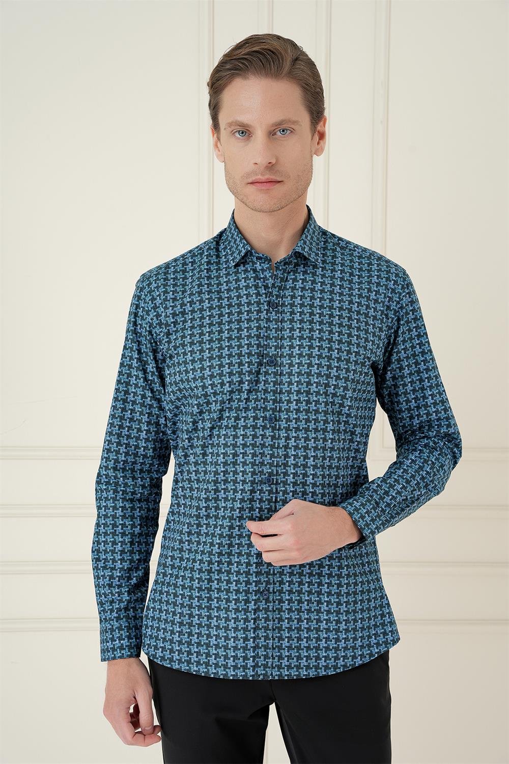 G 1585 Slim Fit Kazayağı Desenli %100 Pamuk Casuel Mavi Gömlek