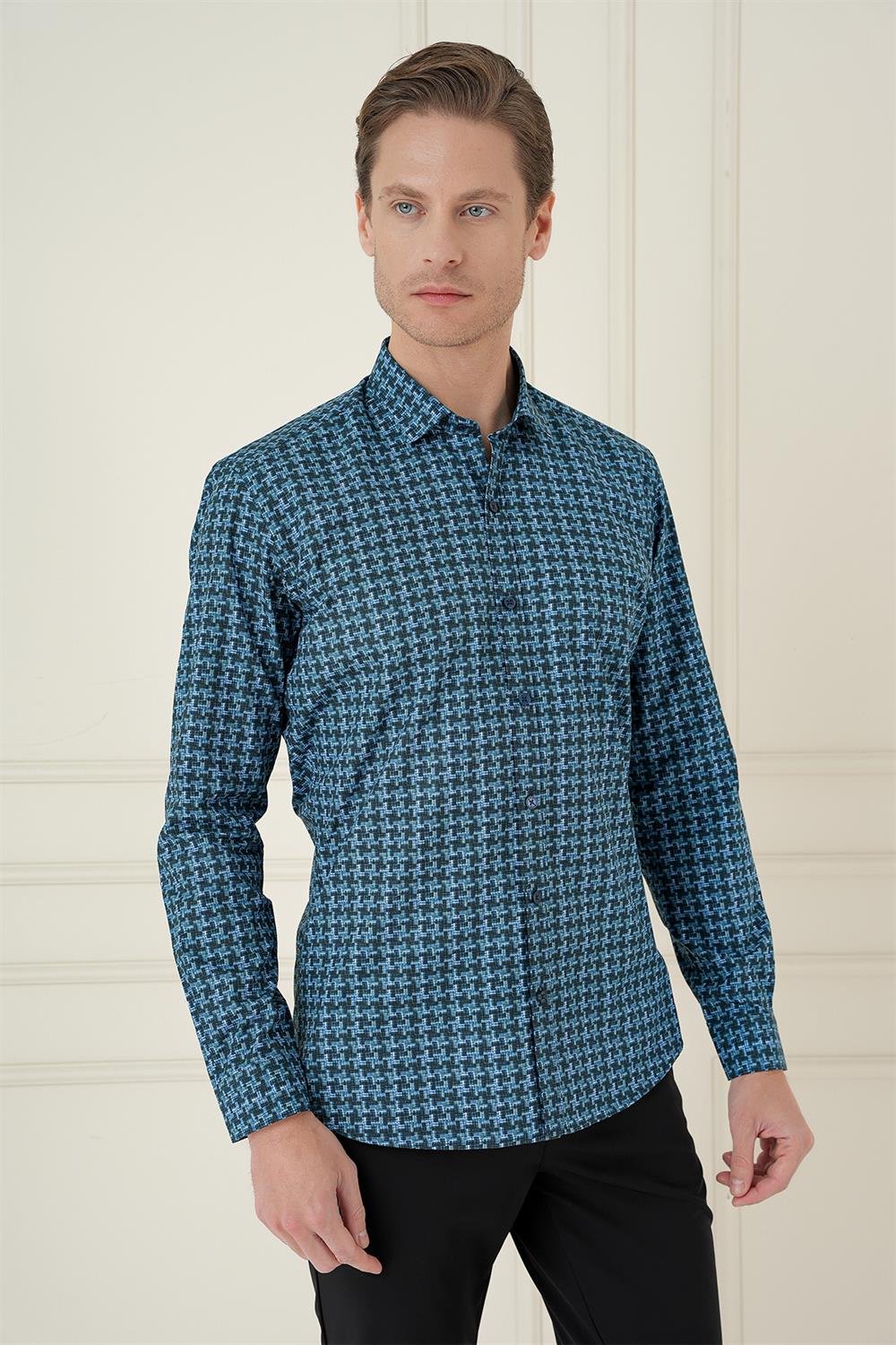 G 1585 Slim Fit Kazayağı Desenli %100 Pamuk Casuel Mavi Gömlek