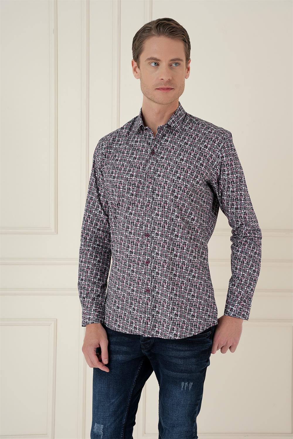 G 1586 Slim Fit Baskılı %100 Pamuk Spor Gri Gömlek 