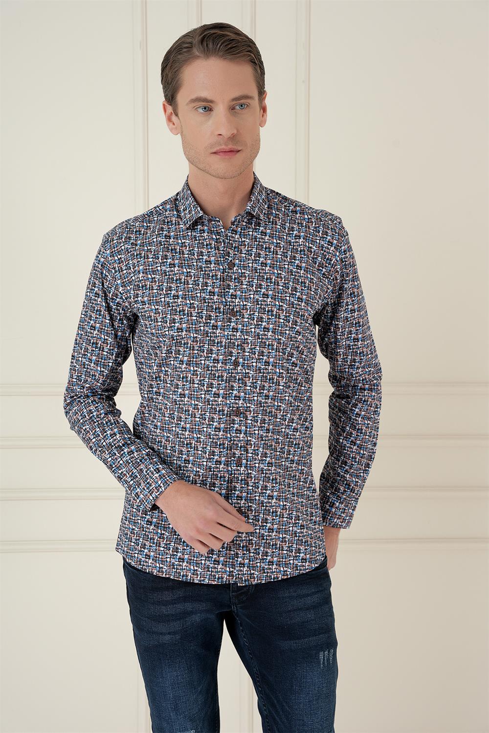 G 1586 Slim Fit Baskılı %100 Pamuk Spor Mavi Gömlek 