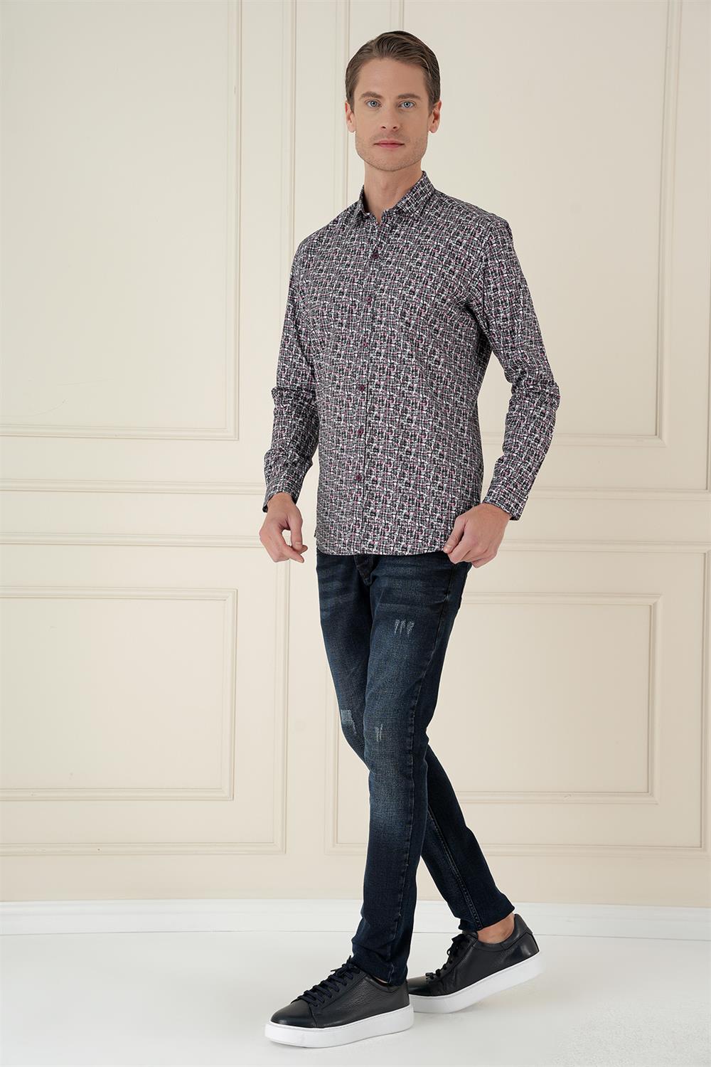G 1586 Slim Fit Baskılı %100 Pamuk Spor Gri Gömlek 