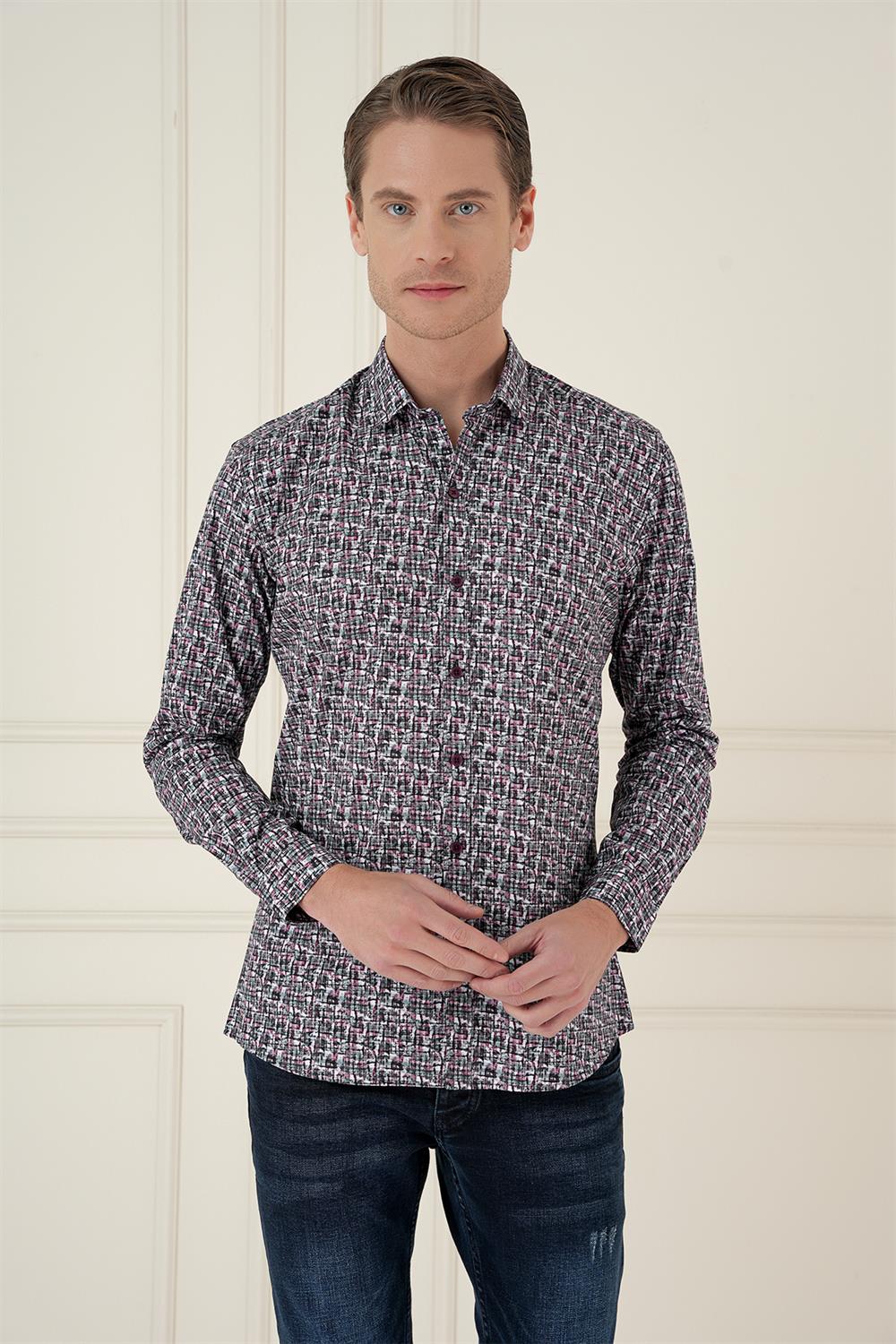 G 1586 Slim Fit Baskılı %100 Pamuk Spor Gri Gömlek 