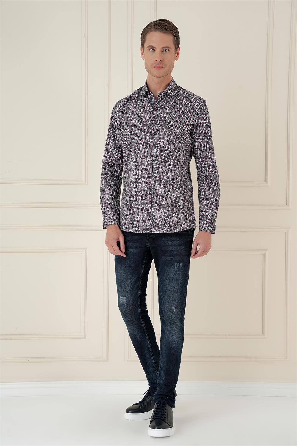 G 1586 Slim Fit Baskılı %100 Pamuk Spor Gri Gömlek 