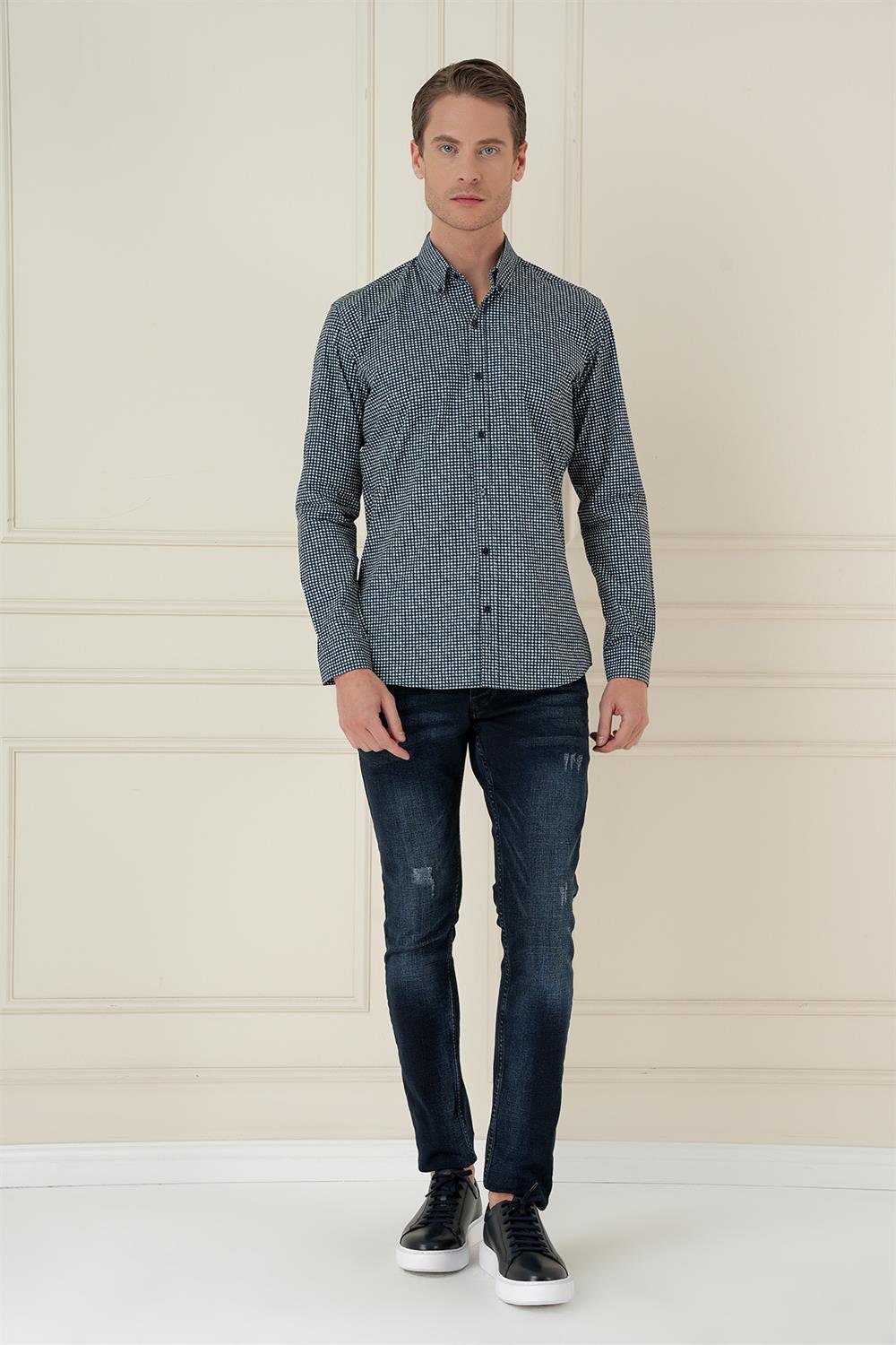 G 1587 Slim Fit Baskılı %100 Pamuk Spor Lacivert Gömlek 