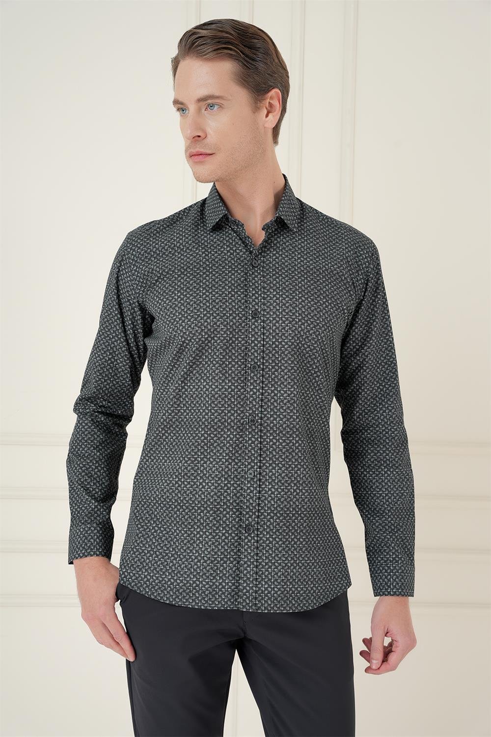G 1588 Slim Fit Baskılı %100 Pamuk Spor Lacivert Gömlek 