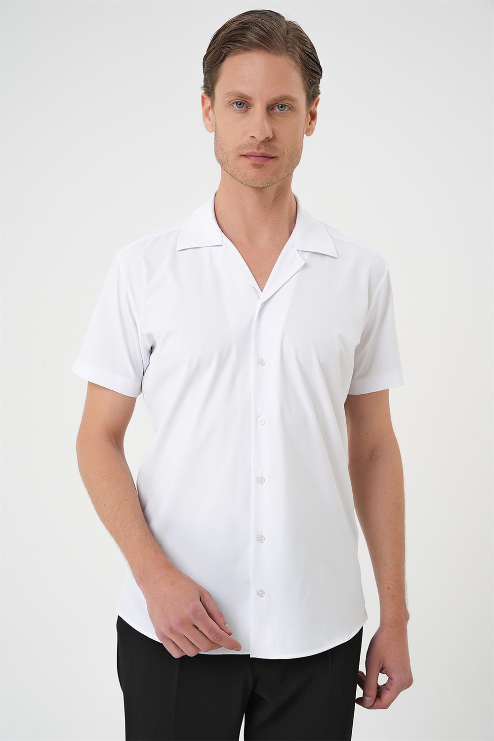 G 1589 Slim Fit Apaş Yaka Kısa Kol Esnek Casuel Beyaz Gömlek 
