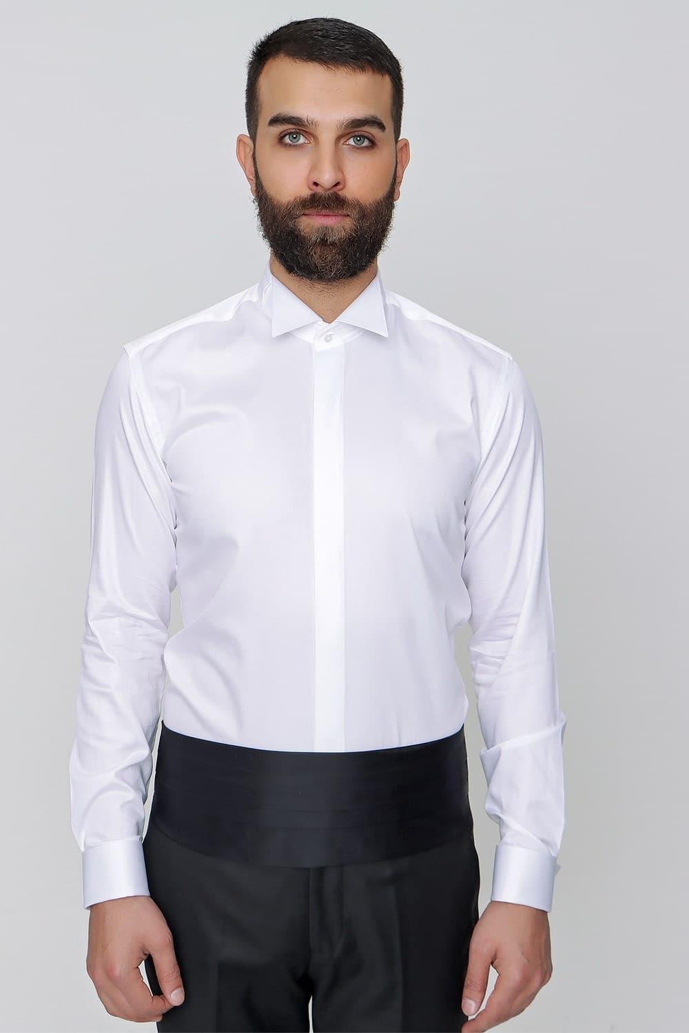 Gk 148 Slim Fit Duble Manşet Ata Yaka Ekru Damatlık Smokin Gömlek