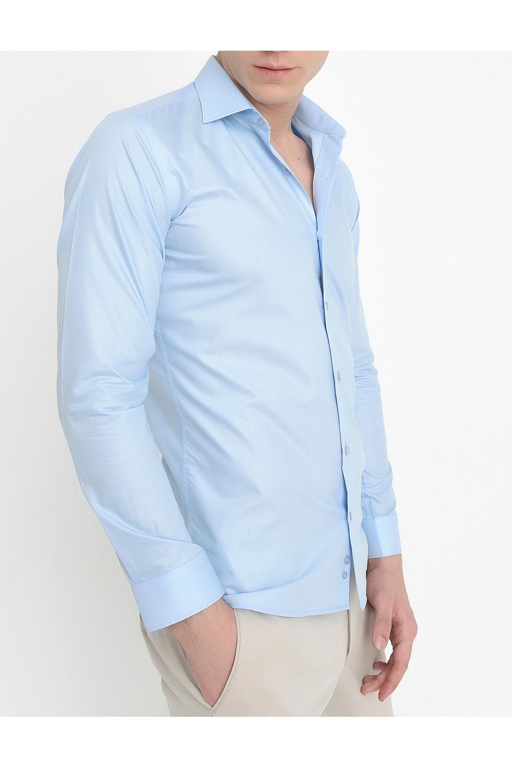 Gk 157 Slim Fit Pamuk Saten Uzun Kol Klasik Açık Mavi Gömlek 
