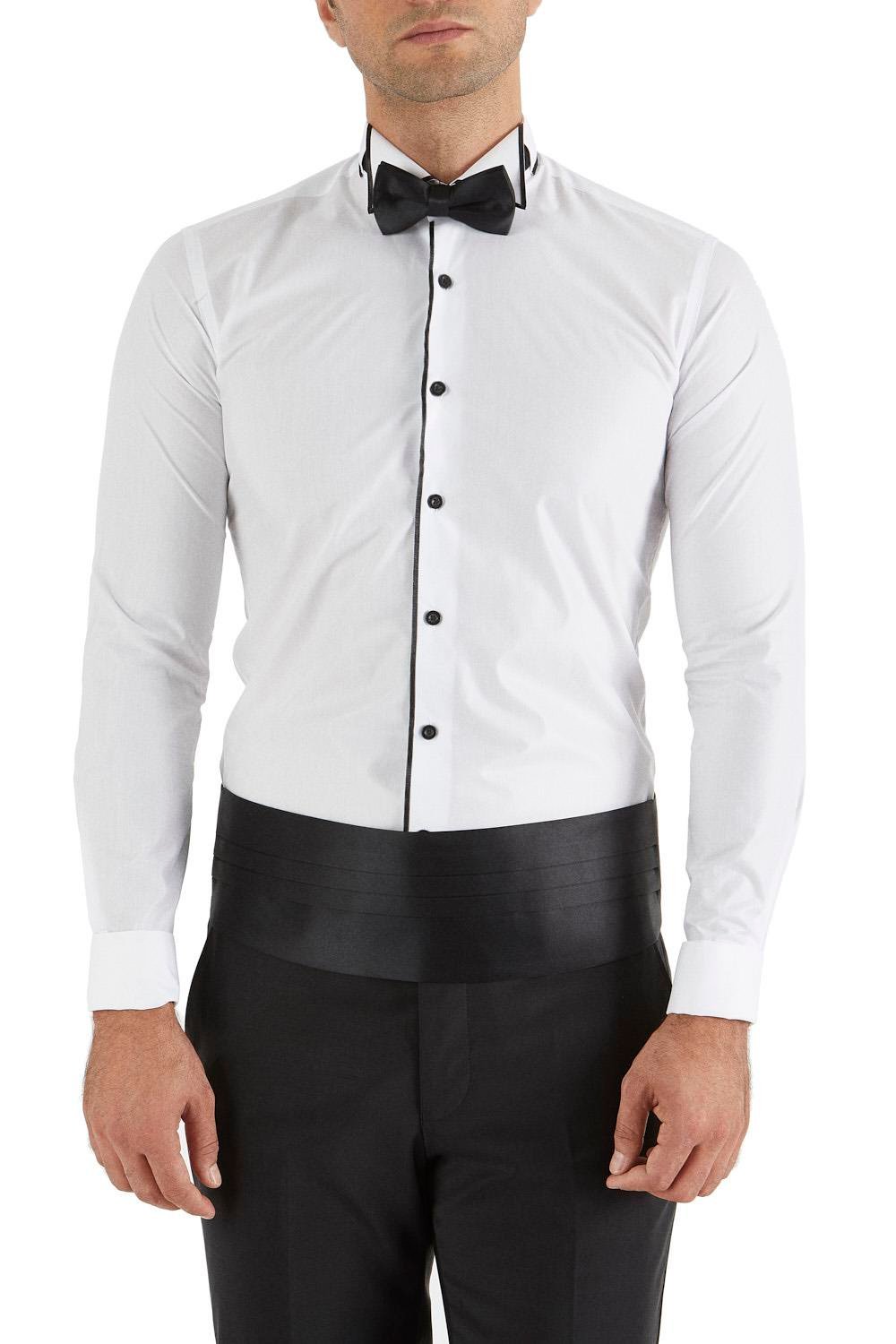 Gk 182 Slim Fit Duble Manşet Biyeli Beyaz Damatlık Smokin Gömlek 