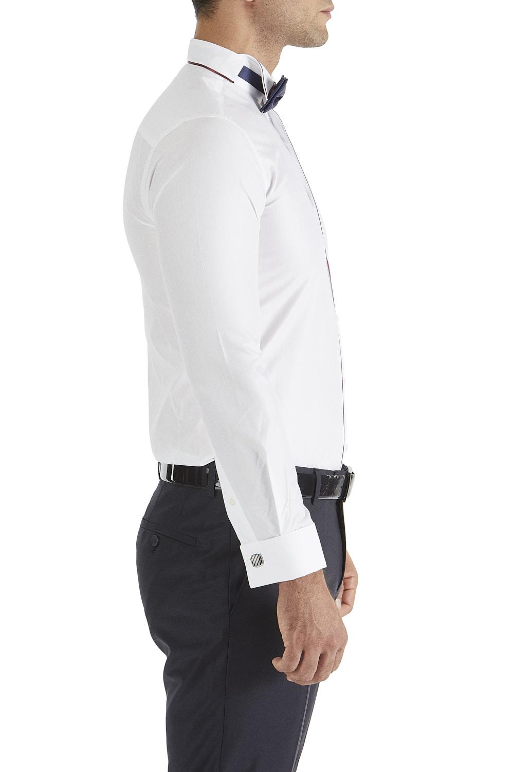 Gk 182 Slim Fit Duble Manşet Biyeli Beyaz Bordo Damatlık Smokin Gömlek 