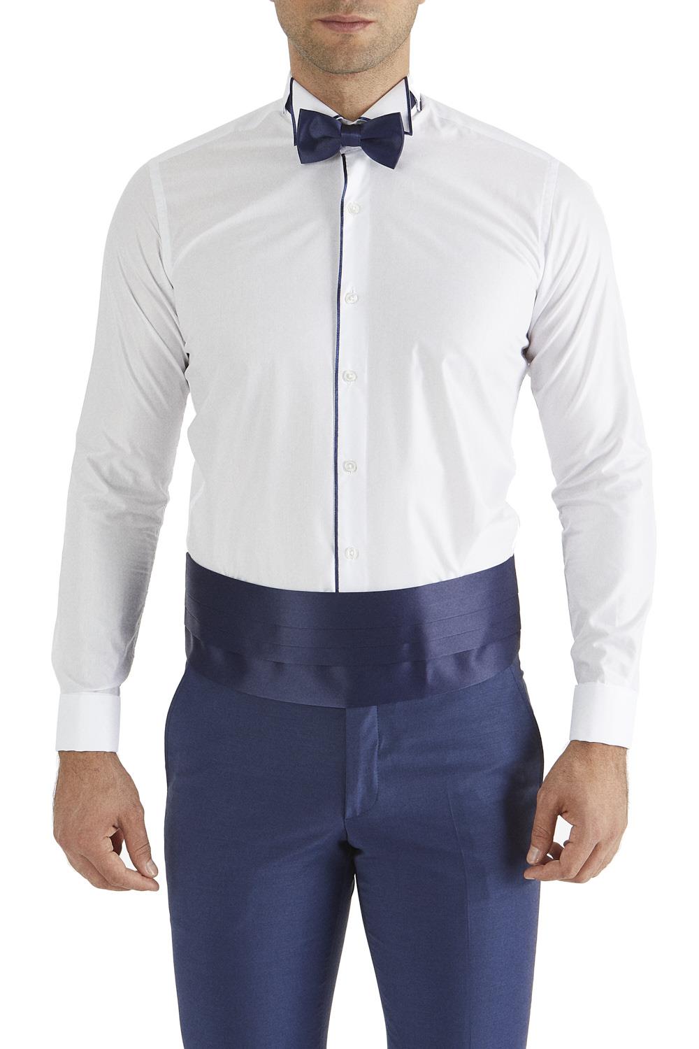 Gk 182 Slim Fit Duble Manşet Biyeli Beyaz Lacivert Damatlık Smokin Gömlek 