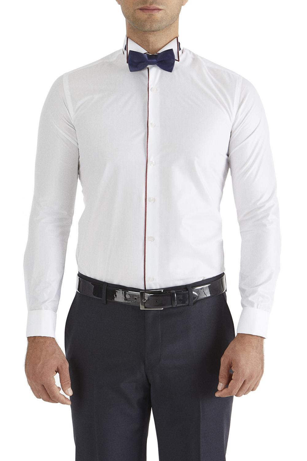 Gk 182 Slim Fit Duble Manşet Biyeli Beyaz Bordo Damatlık Smokin Gömlek 