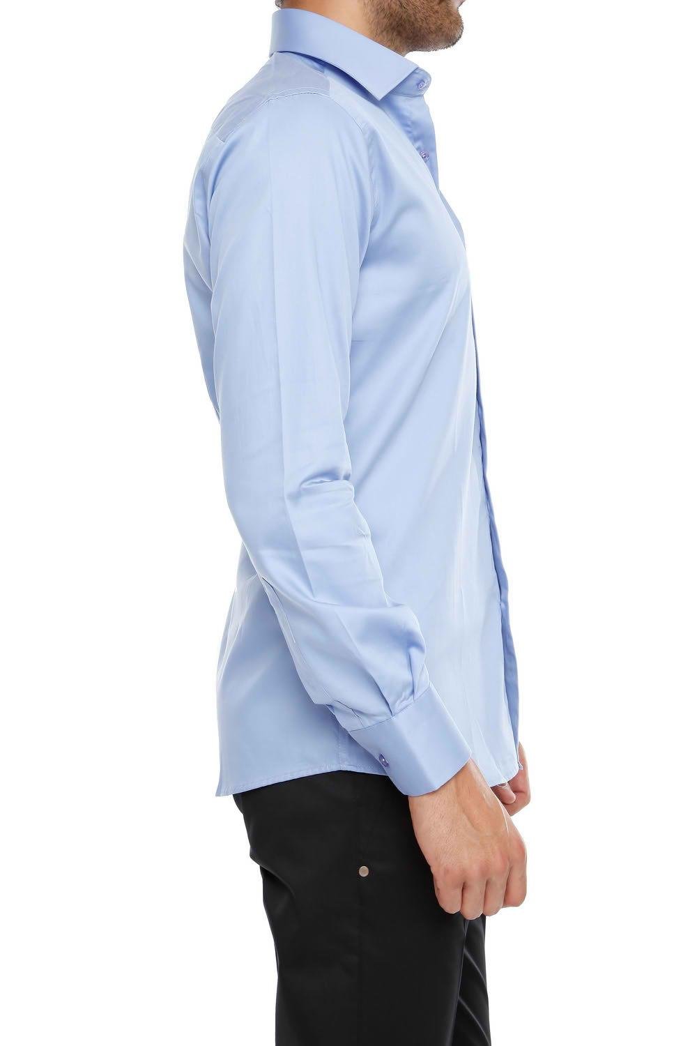 Gk 214 Slim Fit Klasik Yaka Pamuk Saten Uzun Kol Mavi Gömlek 