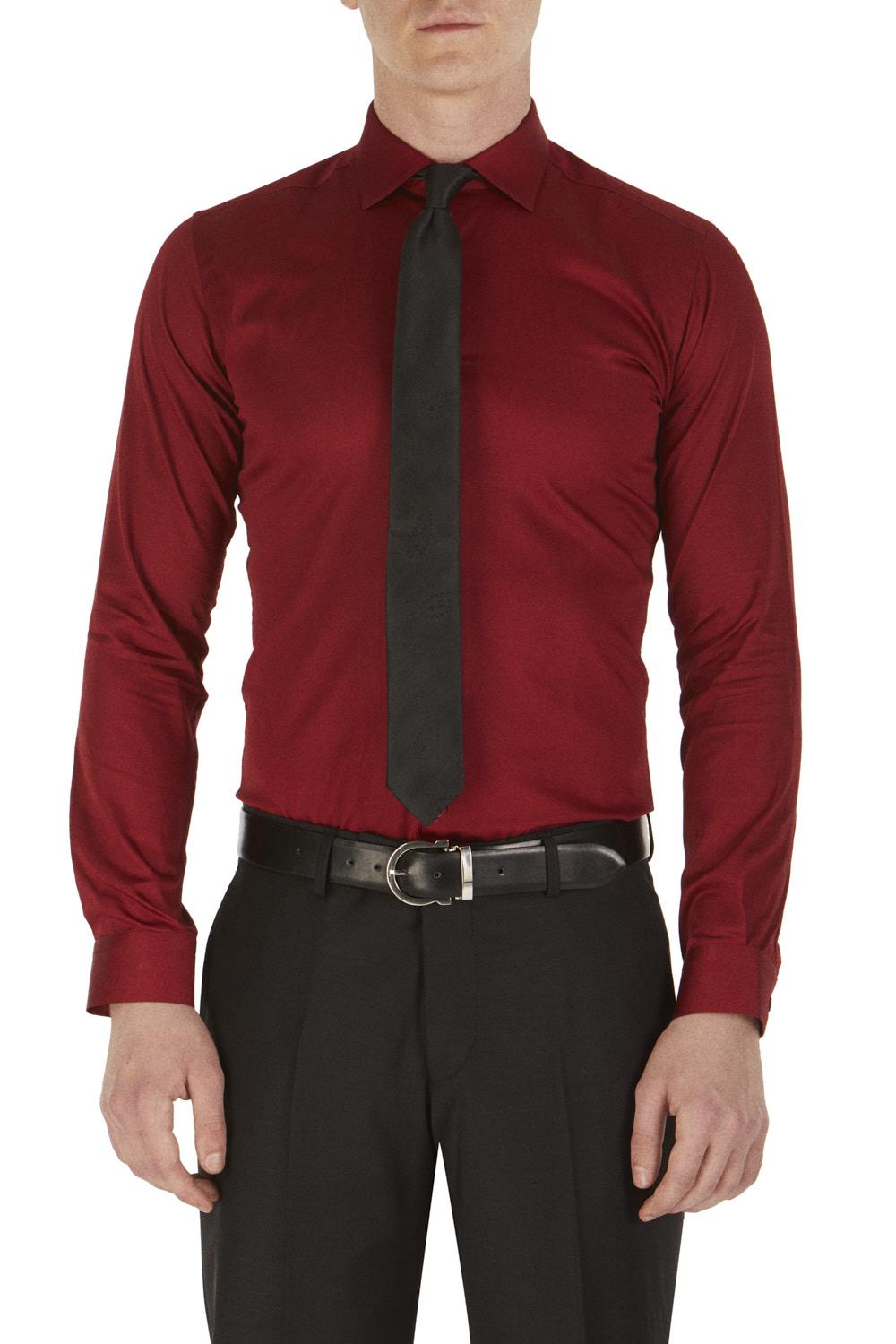 Gk 214 Slim Fit Klasik Yaka Pamuk Saten Uzun Kol Bordo Gömlek 