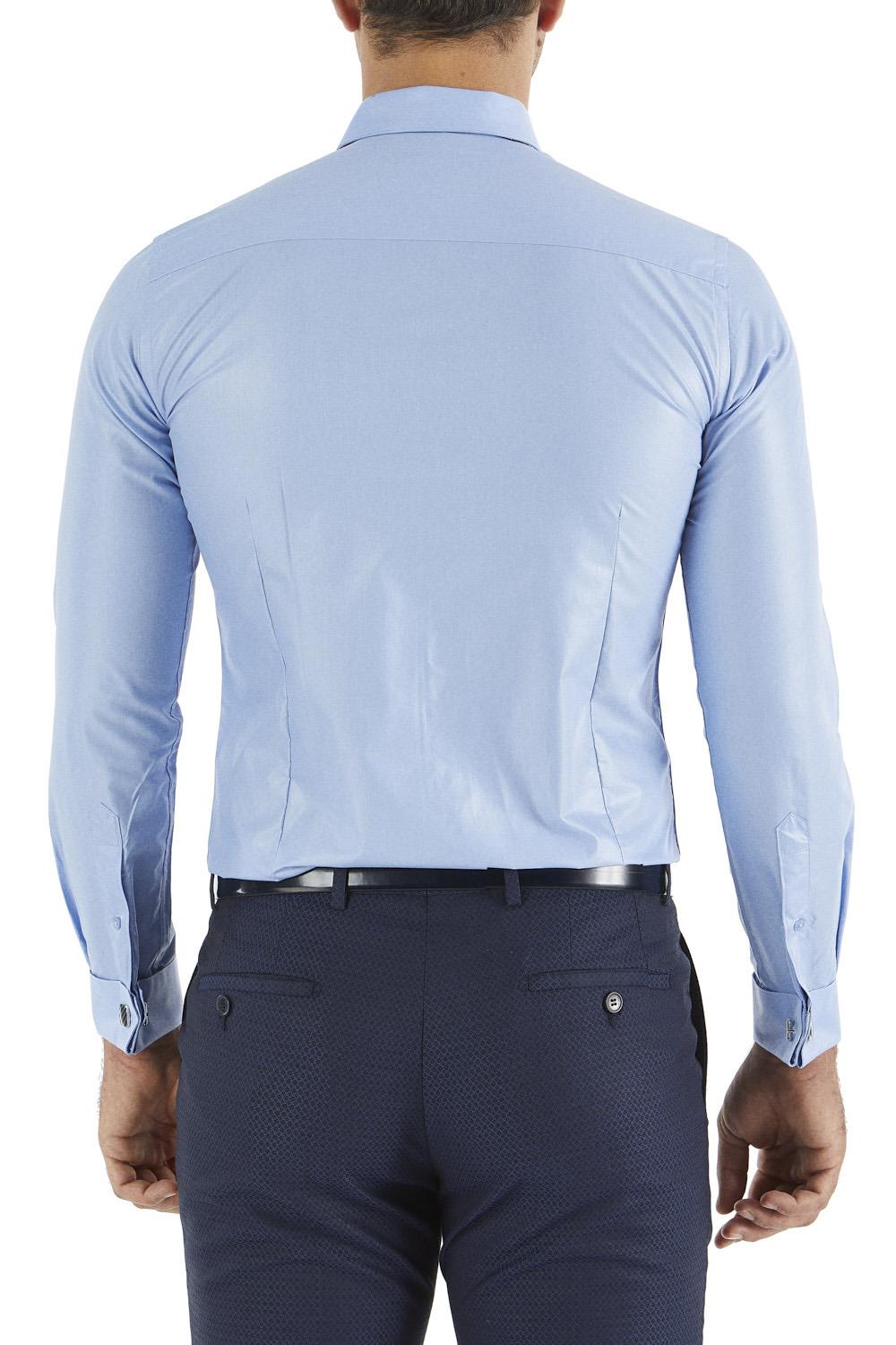 Gk 235 Slim Fit Pamuk Saten Duble Manşetli Klasik Mavi Gömlek 