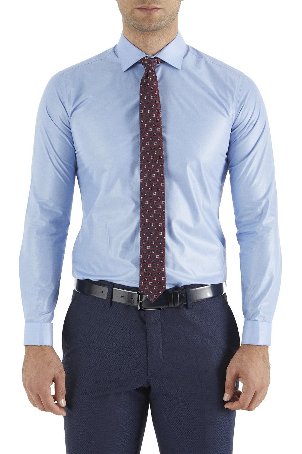 Gk 235 Slim Fit Pamuk Saten Duble Manşetli Klasik Mavi Gömlek 