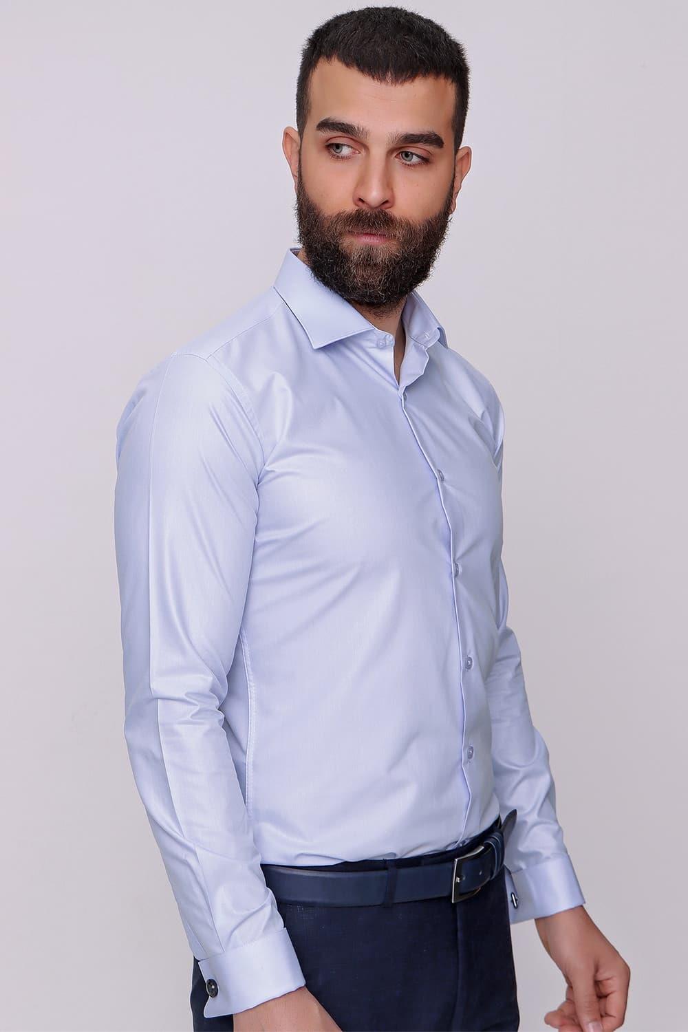 Gk 235 Slim Fit Pamuk Saten Duble Manşetli Klasik Açık Mavi Gömlek 