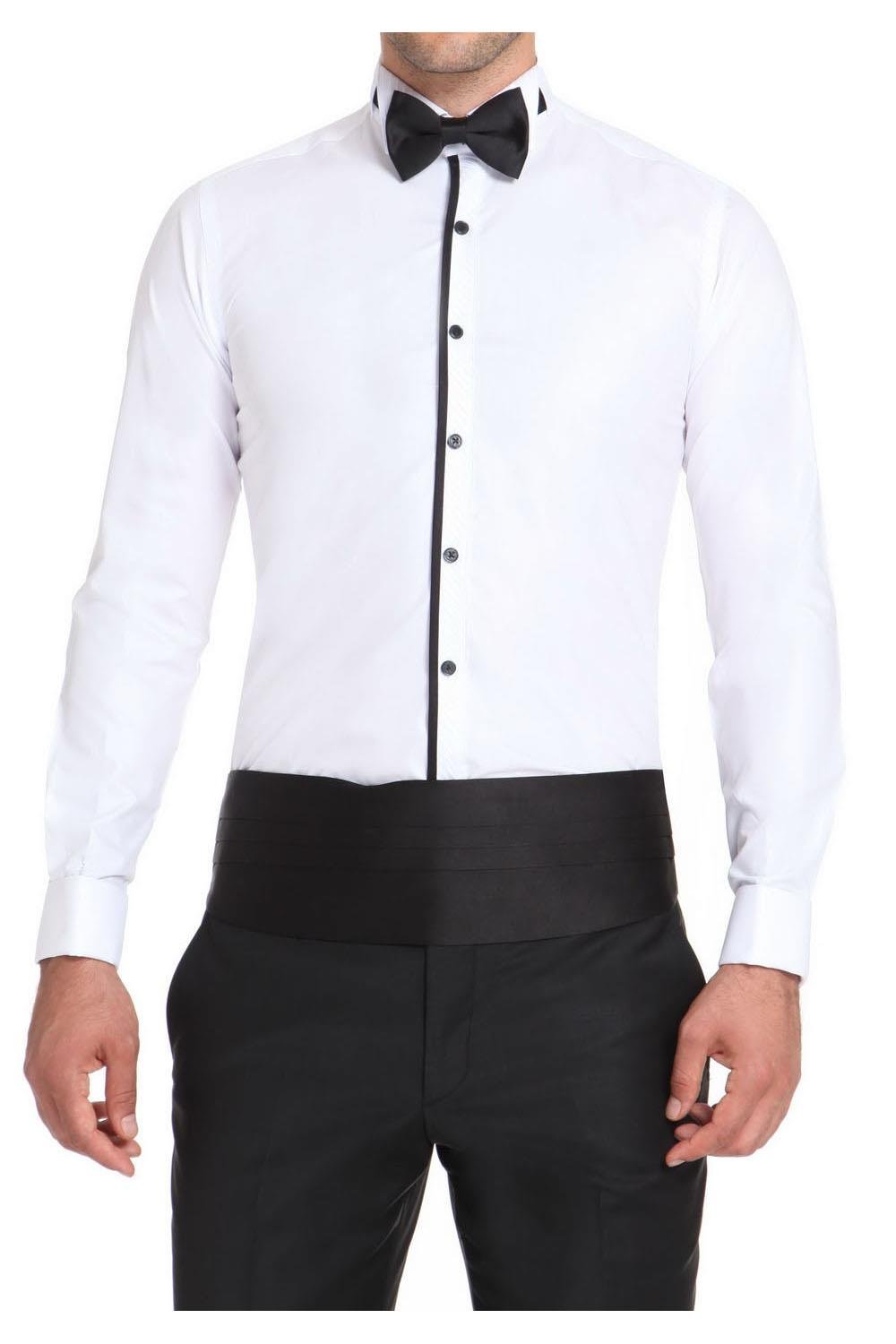 Gk 502 Slim Fit Duble Manşet Önü Biyeli Ata Yaka Beyaz Damatlık Smokin Gömlek 