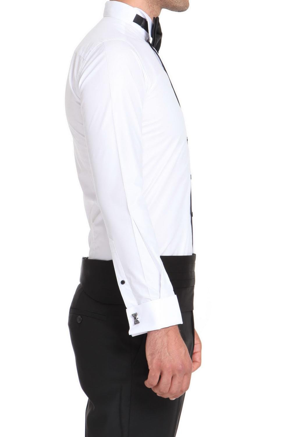 Gk 502 Slim Fit Duble Manşet Önü Biyeli Ata Yaka Beyaz Damatlık Smokin Gömlek 
