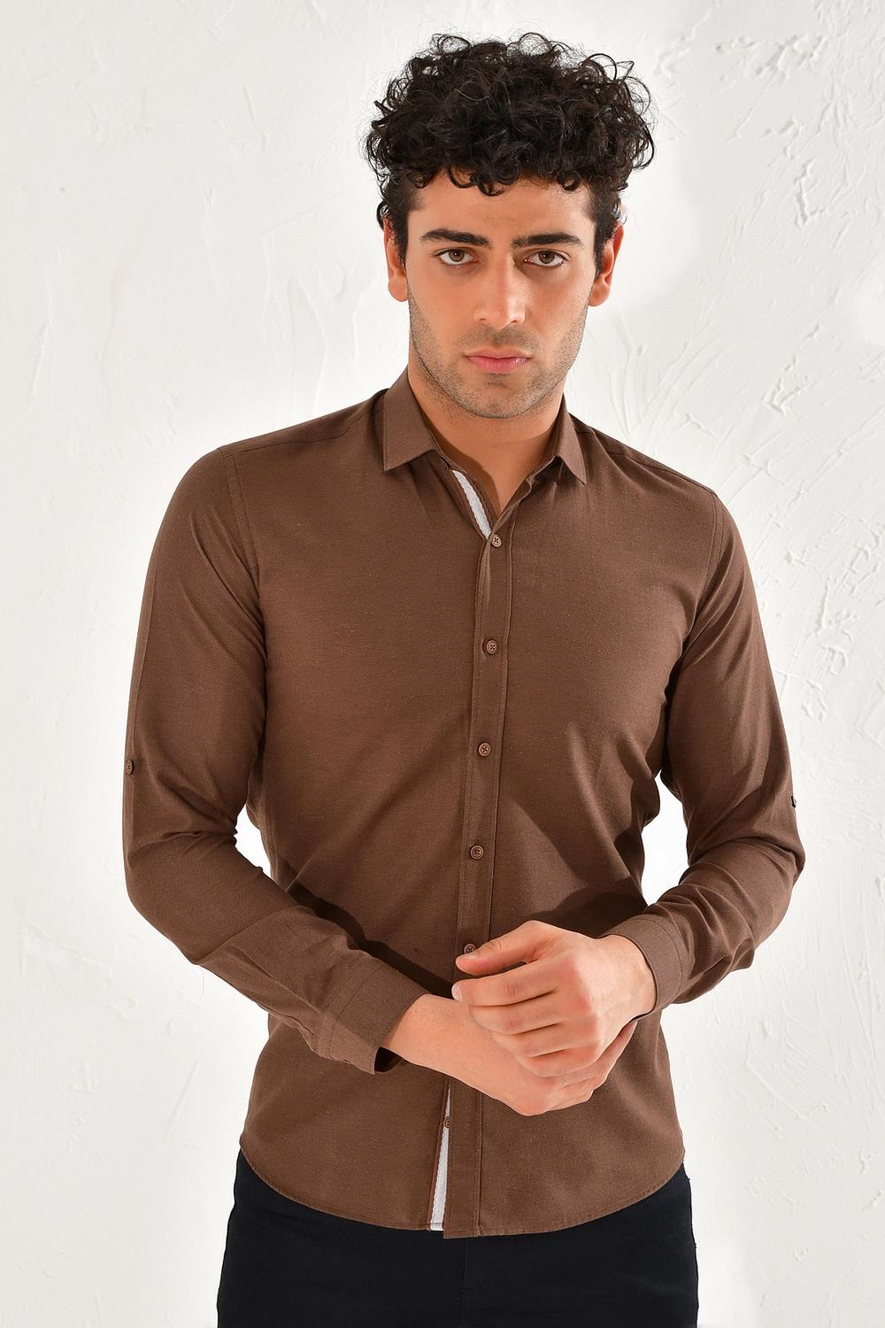 GK 562 Slim Fit Kahve Klasik Gömlek