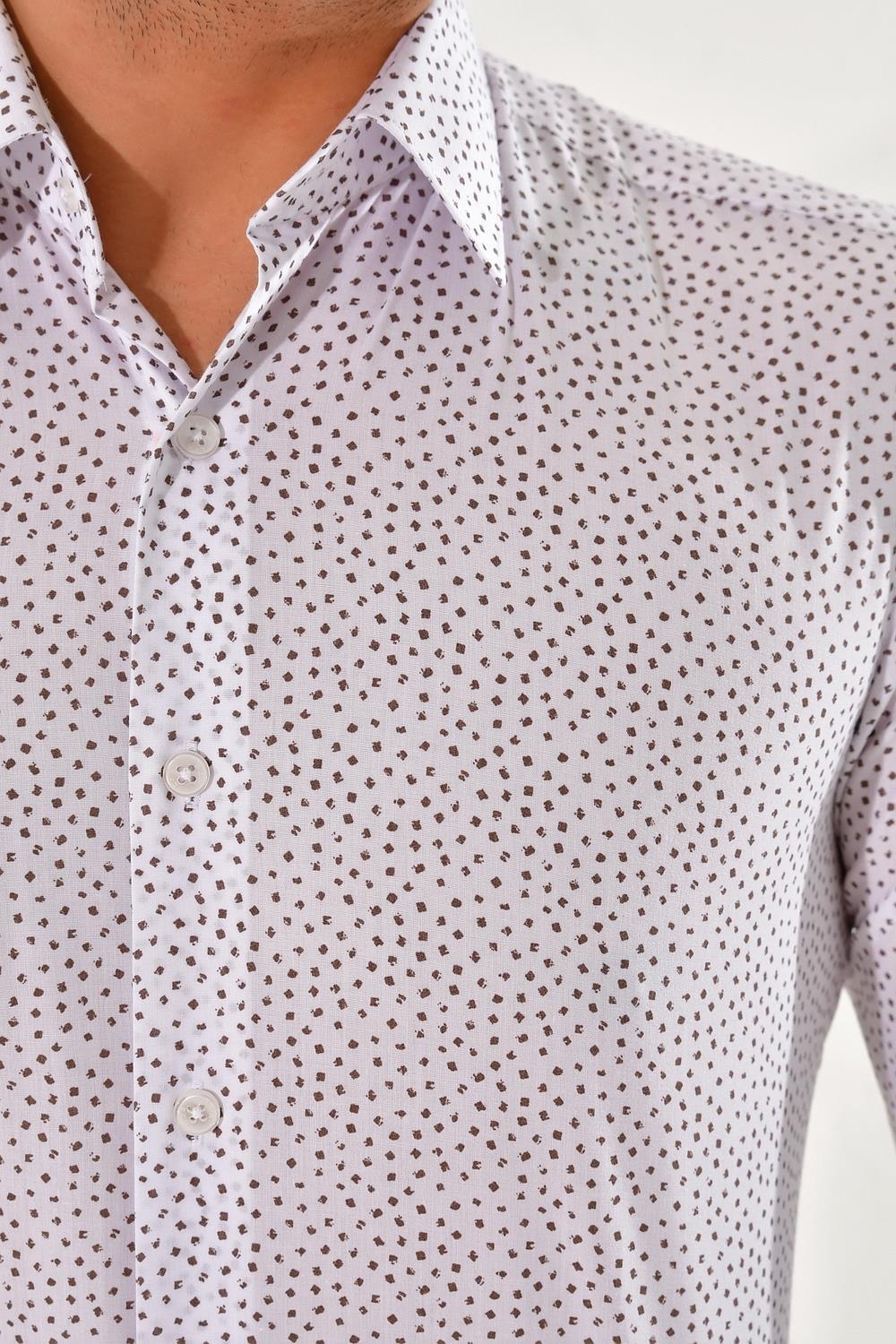 GK 590 Slim Fit Beyaz-Kahve Klasik Gömlek