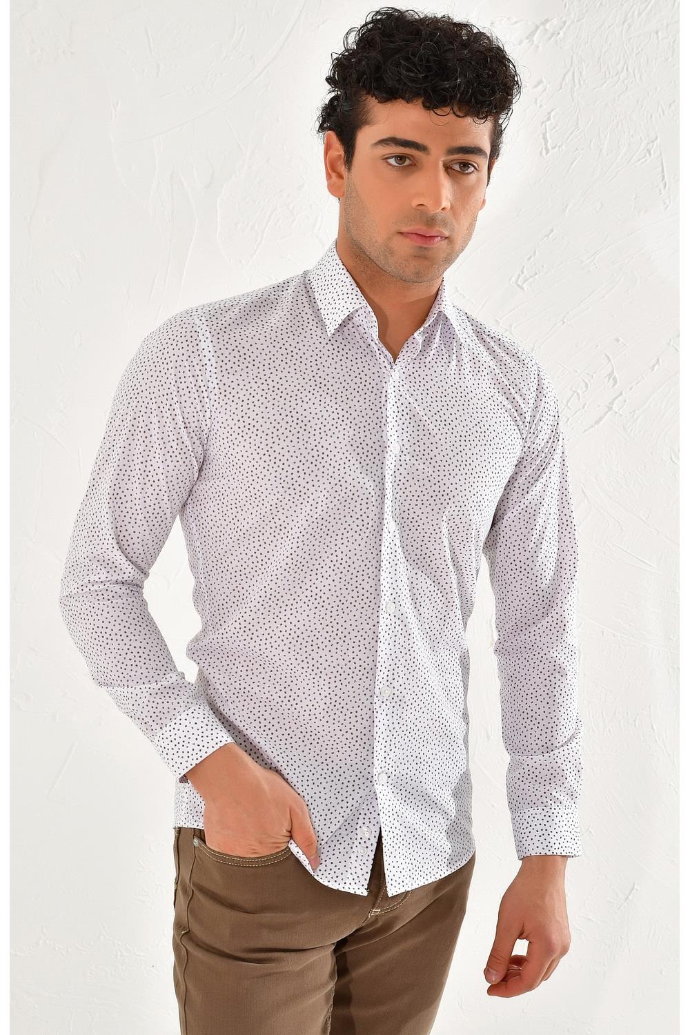 GK 590 Slim Fit Beyaz-Kahve Klasik Gömlek