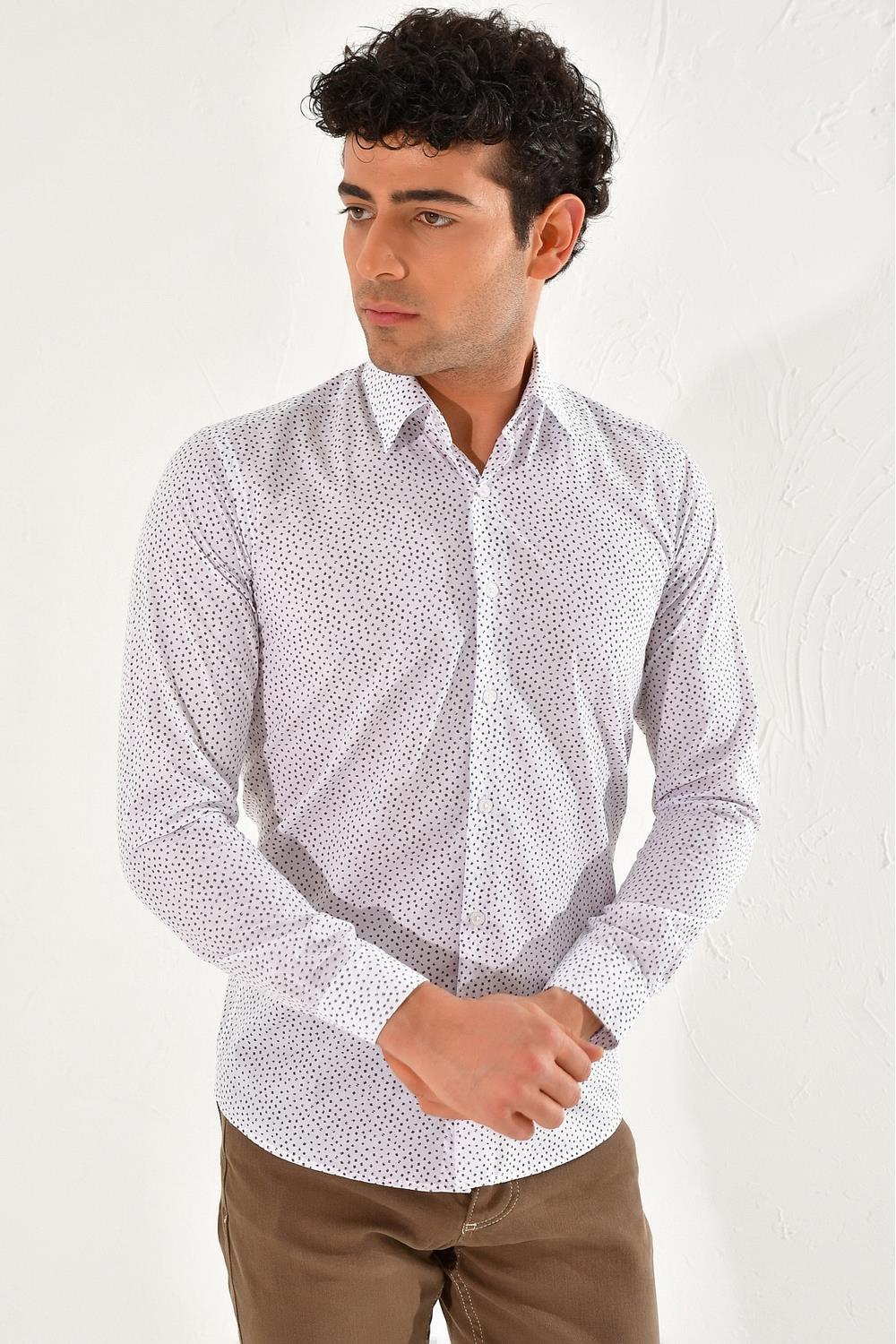 GK 590 Slim Fit Beyaz-Kahve Klasik Gömlek