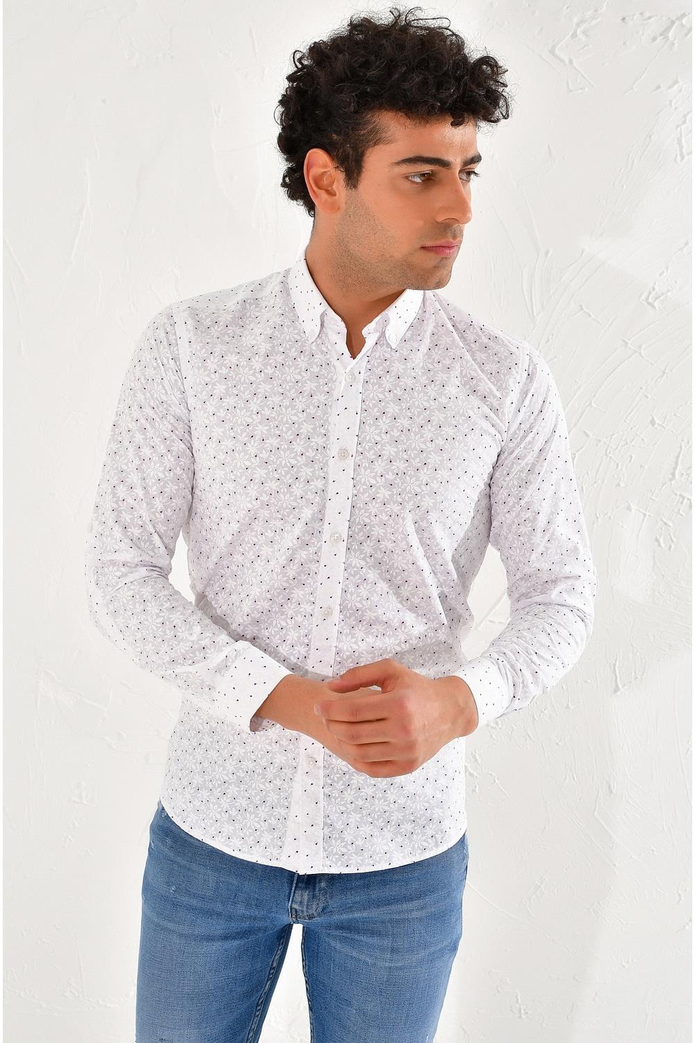 GK 593 Slim Fit Beyaz-Bordo Klasik Gömlek
