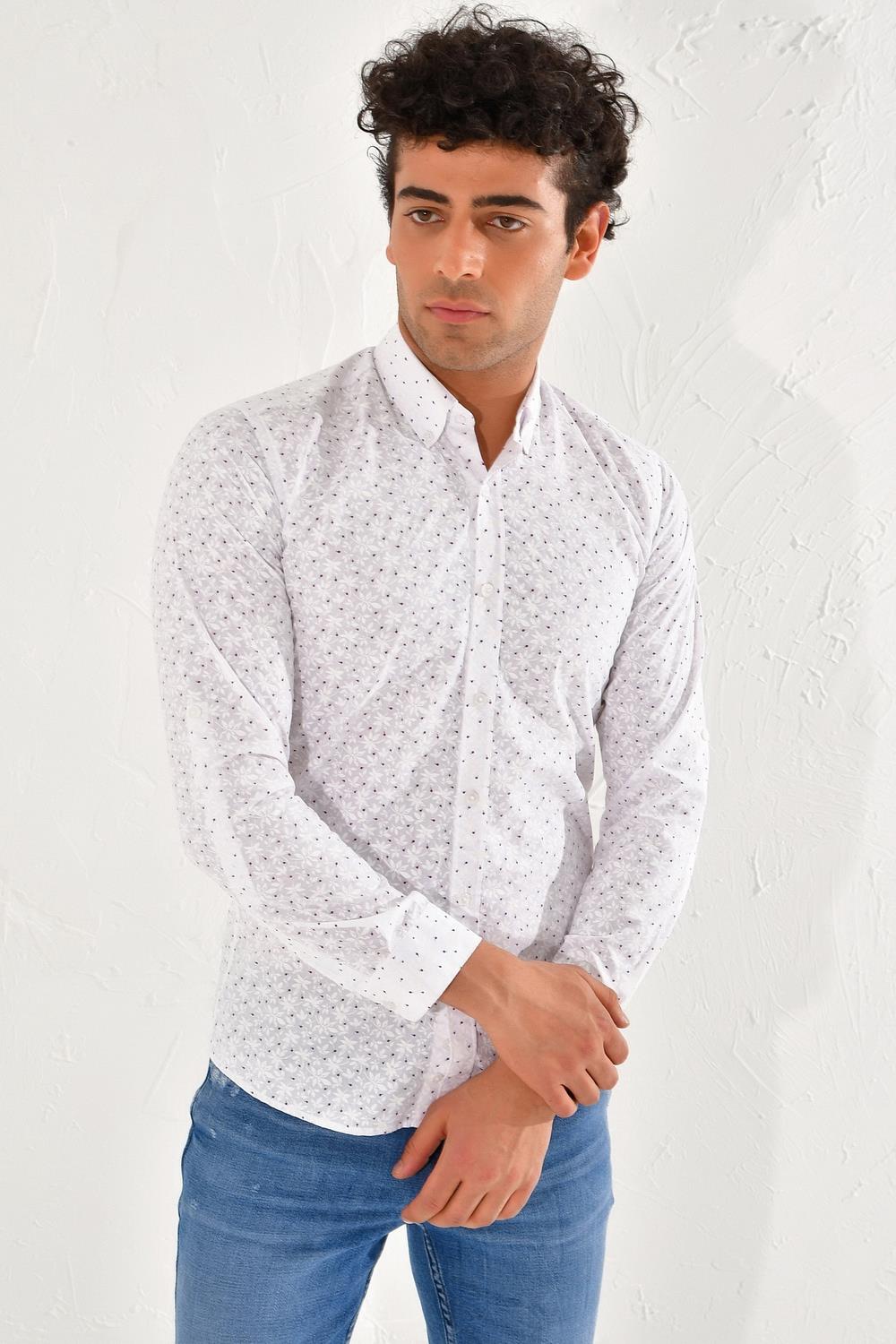 GK 593 Slim Fit Beyaz-Bordo Klasik Gömlek