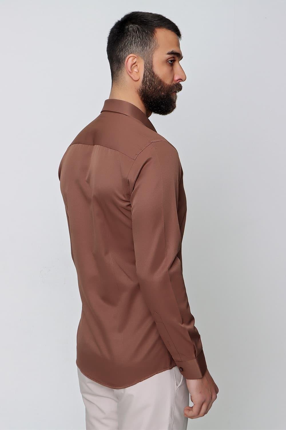 Gk 604 Slim Fit Pamuk Saten Klasik Açık Kahve Gömlek 