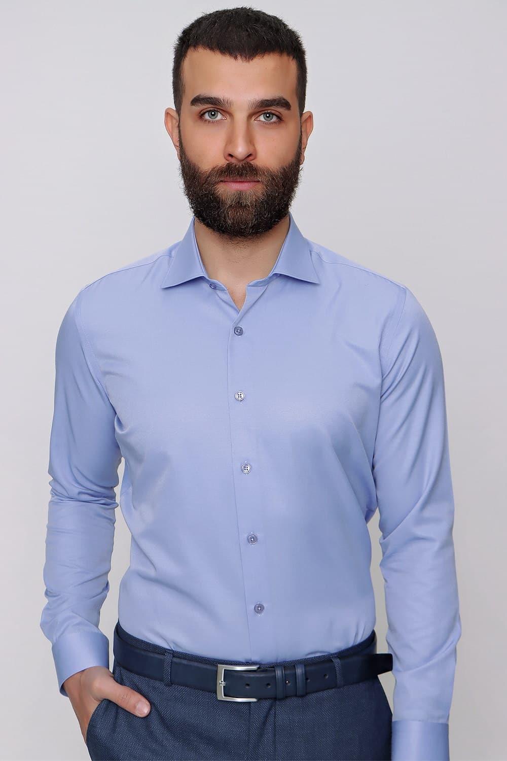 Gk 604 Slim Fit Pamuk Saten Klasik Mavi Gömlek 