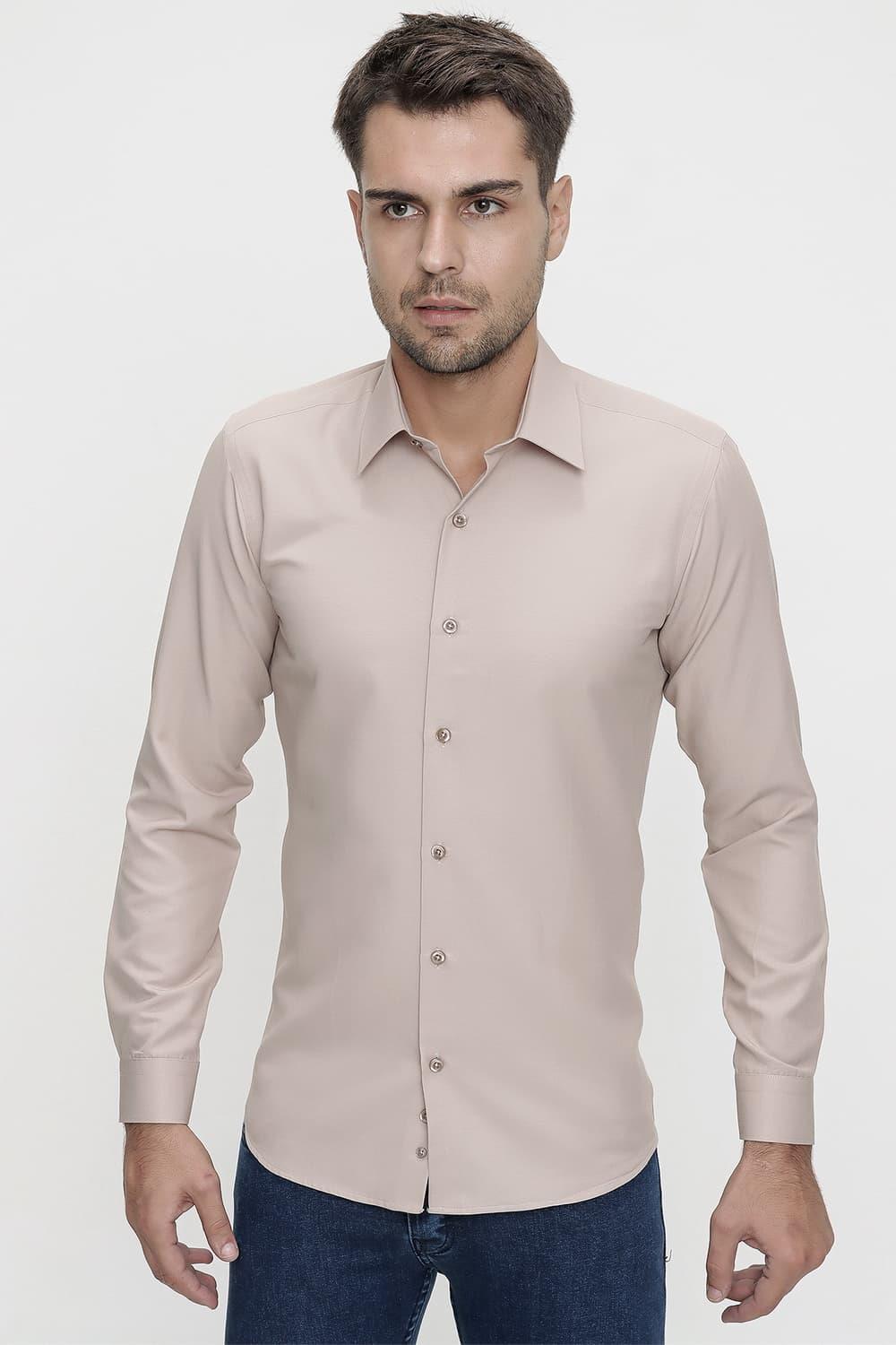 Gk 624 Slim Fit Pamuk Saten Klasik Bej Gömlek 