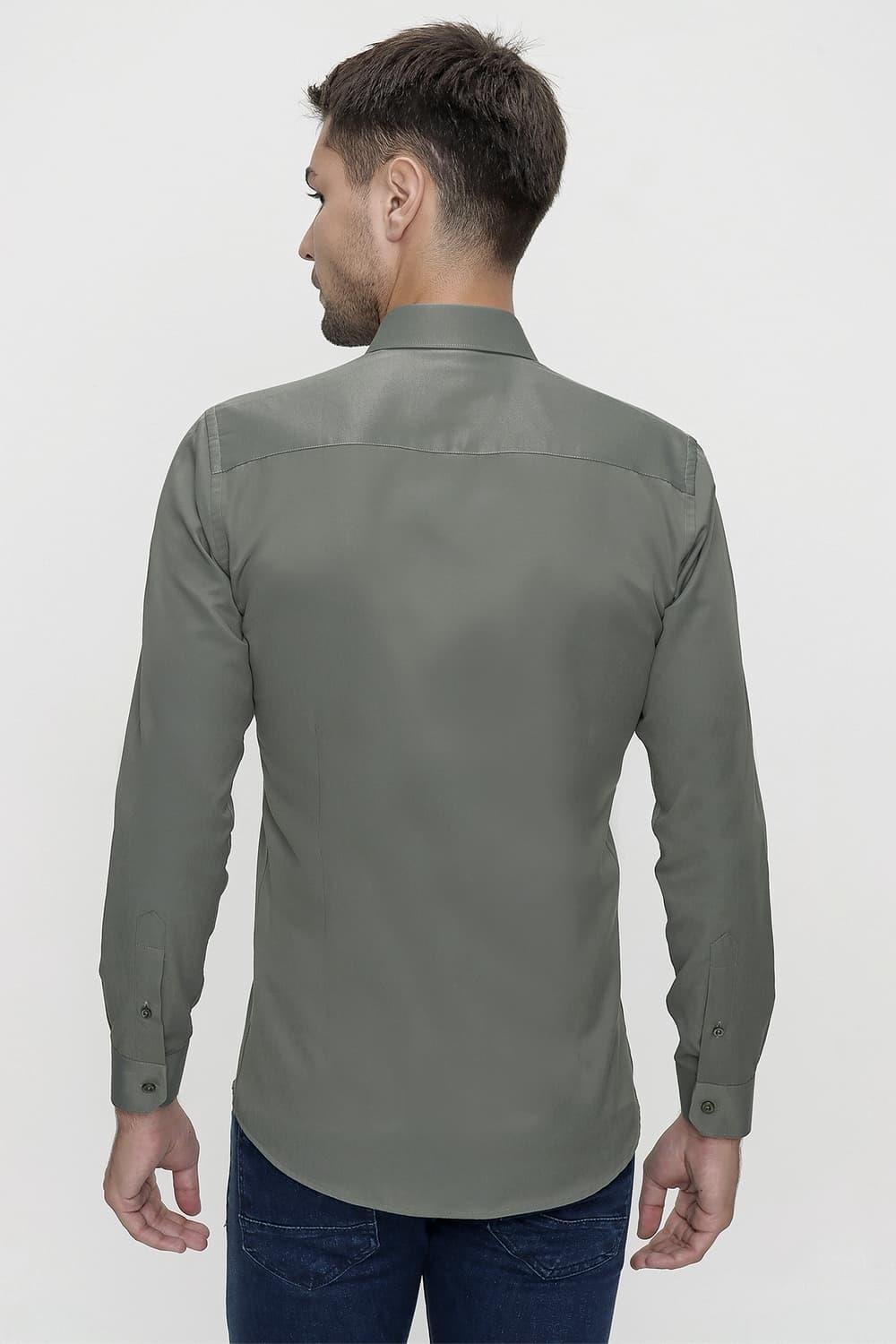 Gk 624 Slim Fit Pamuk Saten Klasik Haki Gömlek 