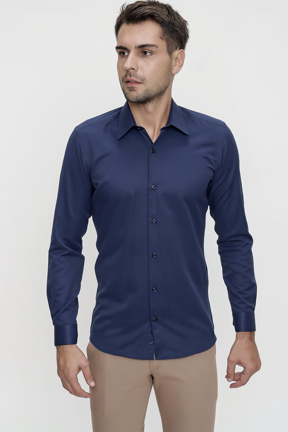 Gk 624 Slim Fit Pamuk Saten Klasik Lacivert Gömlek 
