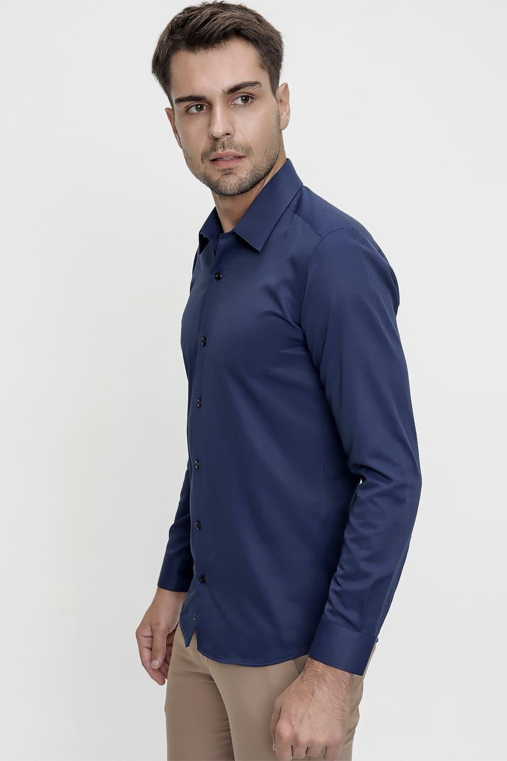 Gk 624 Slim Fit Pamuk Saten Klasik Lacivert Gömlek 